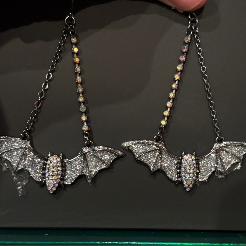 Betsey Johnson Glittering Bat Earrings with Silver and Black